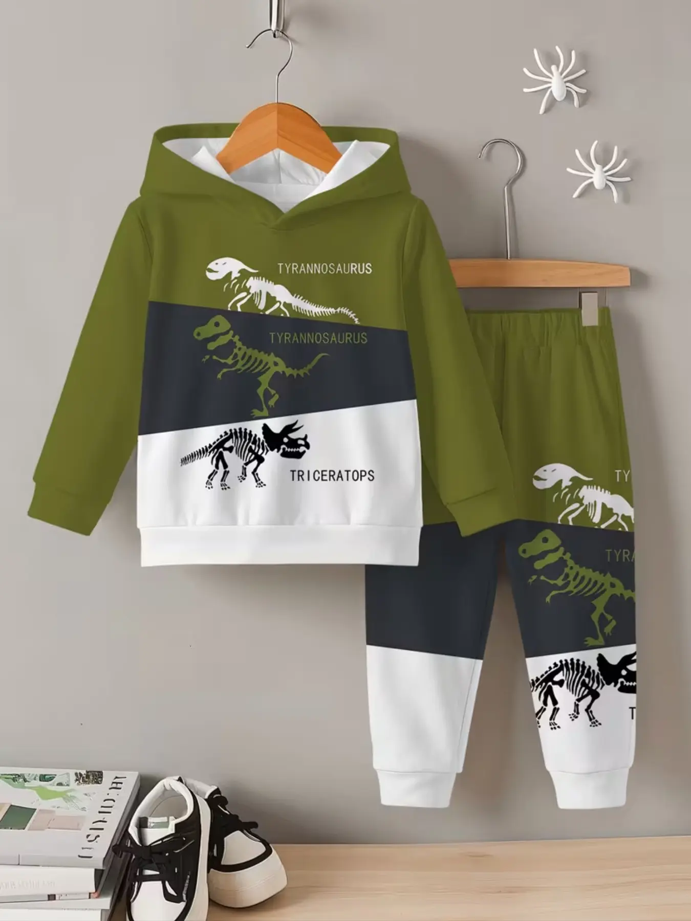 Boys' Dinosaur Skeleton Digital Print Set, Long Sleeve Hooded Sweatshirt and Pants, Cute Fitted Fall Winter, Outdoor Wear Gift
