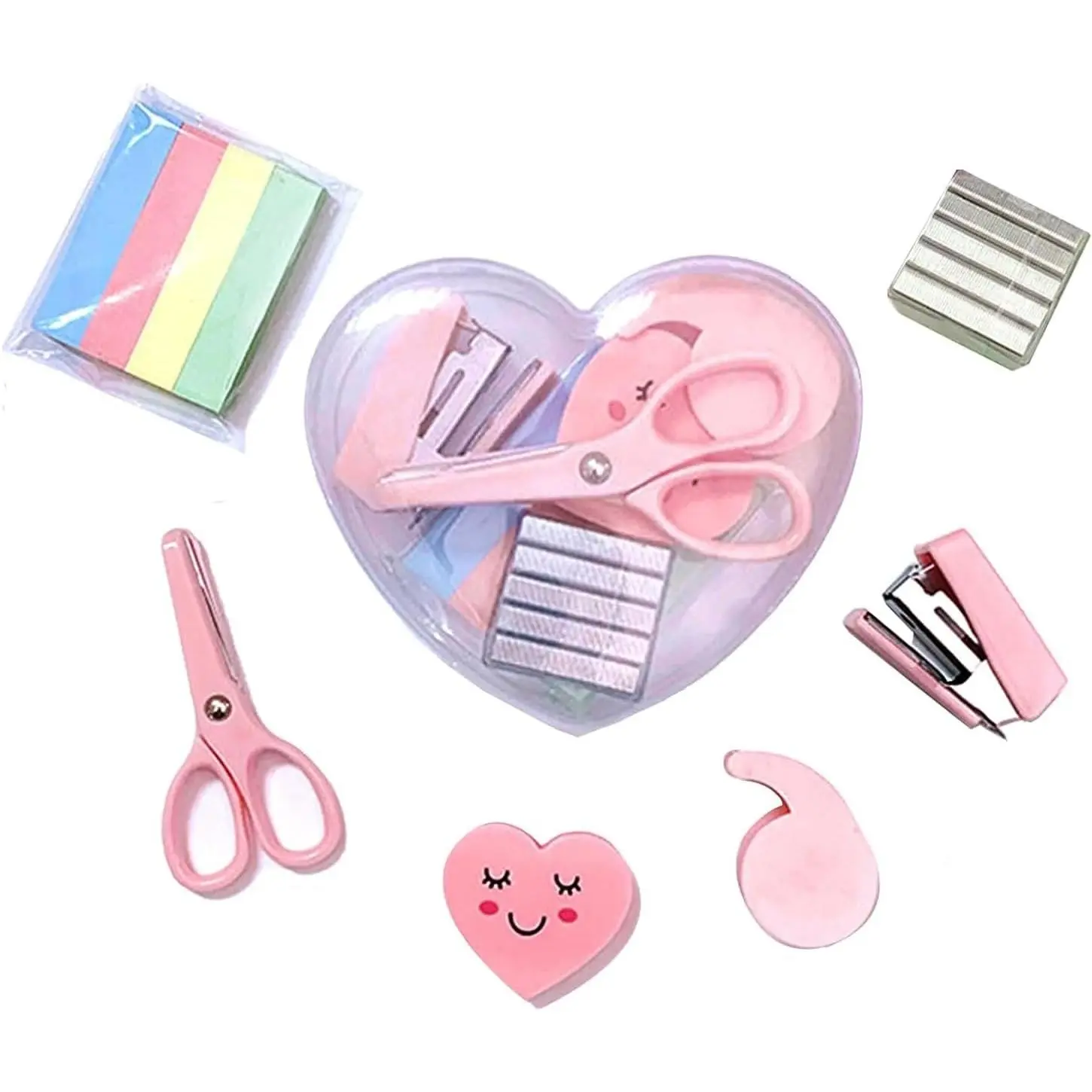 6 Pack Mini Office  Kits Mini School Supplies – Includes Mini Stapler,, Note Paper, Eraser, Tape Dispenser (Heart)