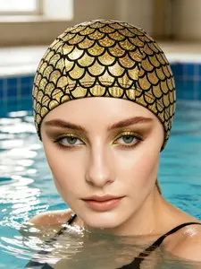 Unisex Fish Scale Print Swim Cap, Laser Cut Design, Hair Protection Hat, Large Head Comfortable Fit, Fashionable Contrast Color Swimwear Accessory