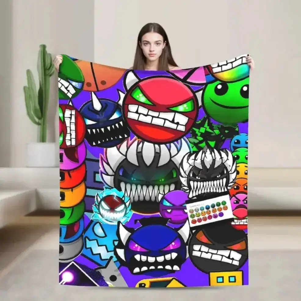 Geometry Dash Monster Faces Flannel Throw Blanket, Colorful Game Character Print Soft Cozy Fleece Blanket, All Season Nap Blanket for Sofa Bed Travel Picnic, Ideal Birthday Christmas Holiday Gift for Game Fans, Teens Boys and Girls, Baby blankets and adul