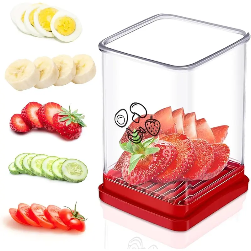 Stainless Steel Fruit Slicer - Reusable Push Plate Cutter for Strawberries, Bananas, Eggs, Red Portable Kitchen Utensil for Home & Restaurant Chefs to Effortlessly Create Uniform Shapes, Quickly Make Fruits & Prep Salads