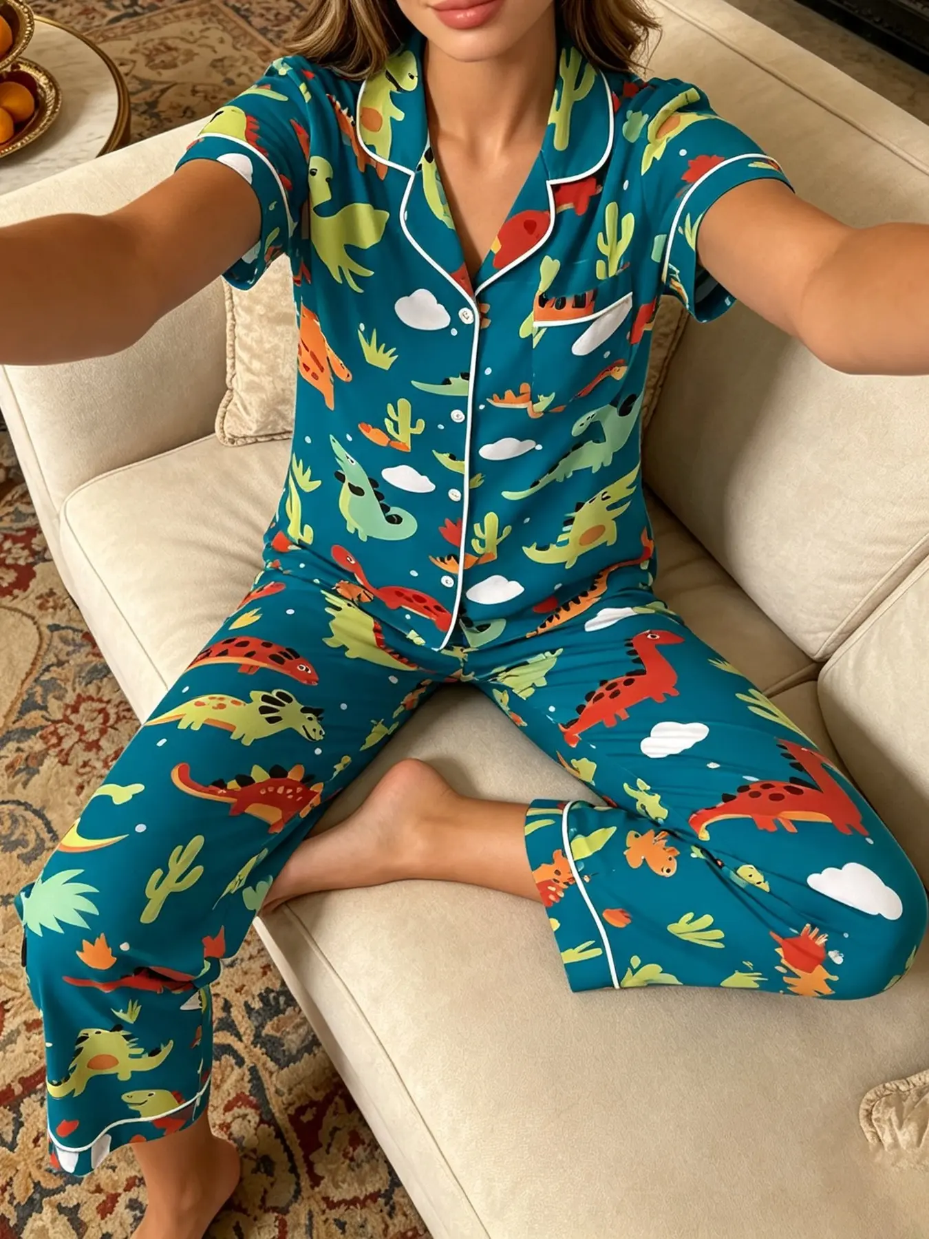 Women's Short Sleeve Pajama Set, Casual Slim-Fit 2-Piece Sleepwear, Blue Cartoon Dinosaur Print, Home & Wear, Ankle Length