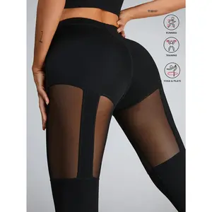 Women's High-Waisted Yoga Leggings with Full-Length Mesh Panels - Semi-Sheer Athletic Workout Pants, Tights for Running, Gym, Yoga & Casual Attire - All-Season Stretchy Fitness Leggings with Full-Length Zipper-Free Opening (Machine Washable) - Solid Black