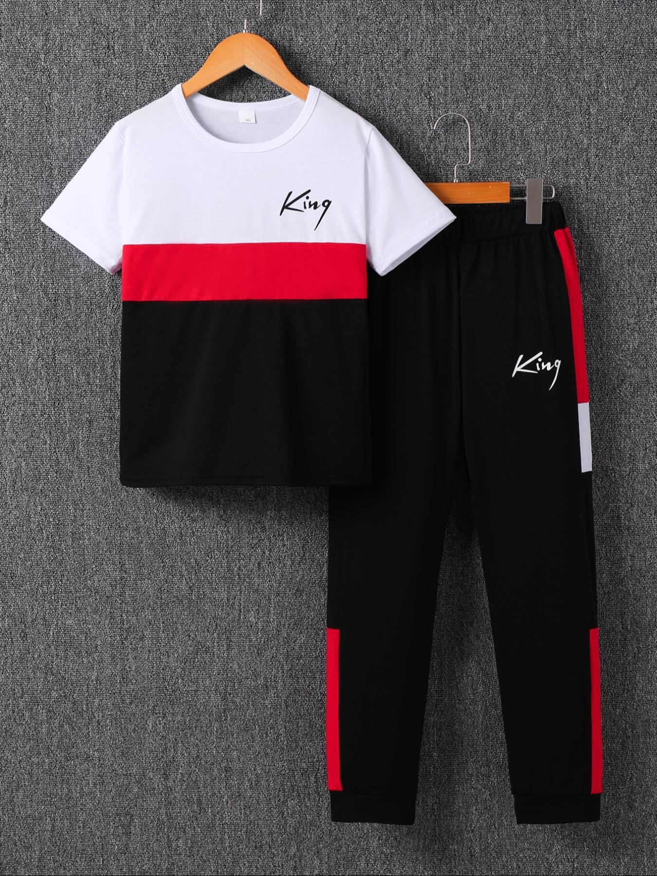 Boy's Letter Print Tee & Side Stripe Sweatpants Set, Round Neck Set, Colorblock Short Sleeve T-shirt & Jogger Pants, Casual Summer Outfits Clothes for Kids Children, Kids Athletic Clothing, Striped Sets, Youth Kits