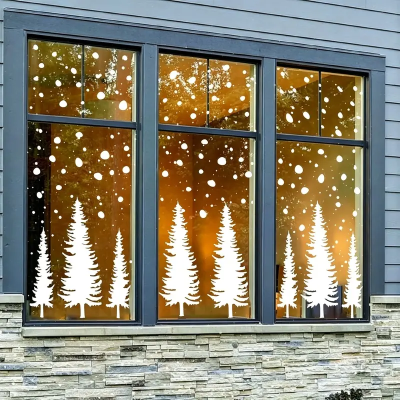 Christmas window decal featuring a snowy Christmas forest scene with trees, double-sided and reusable, perfect for decorating home windows during holiday Christmas parties
