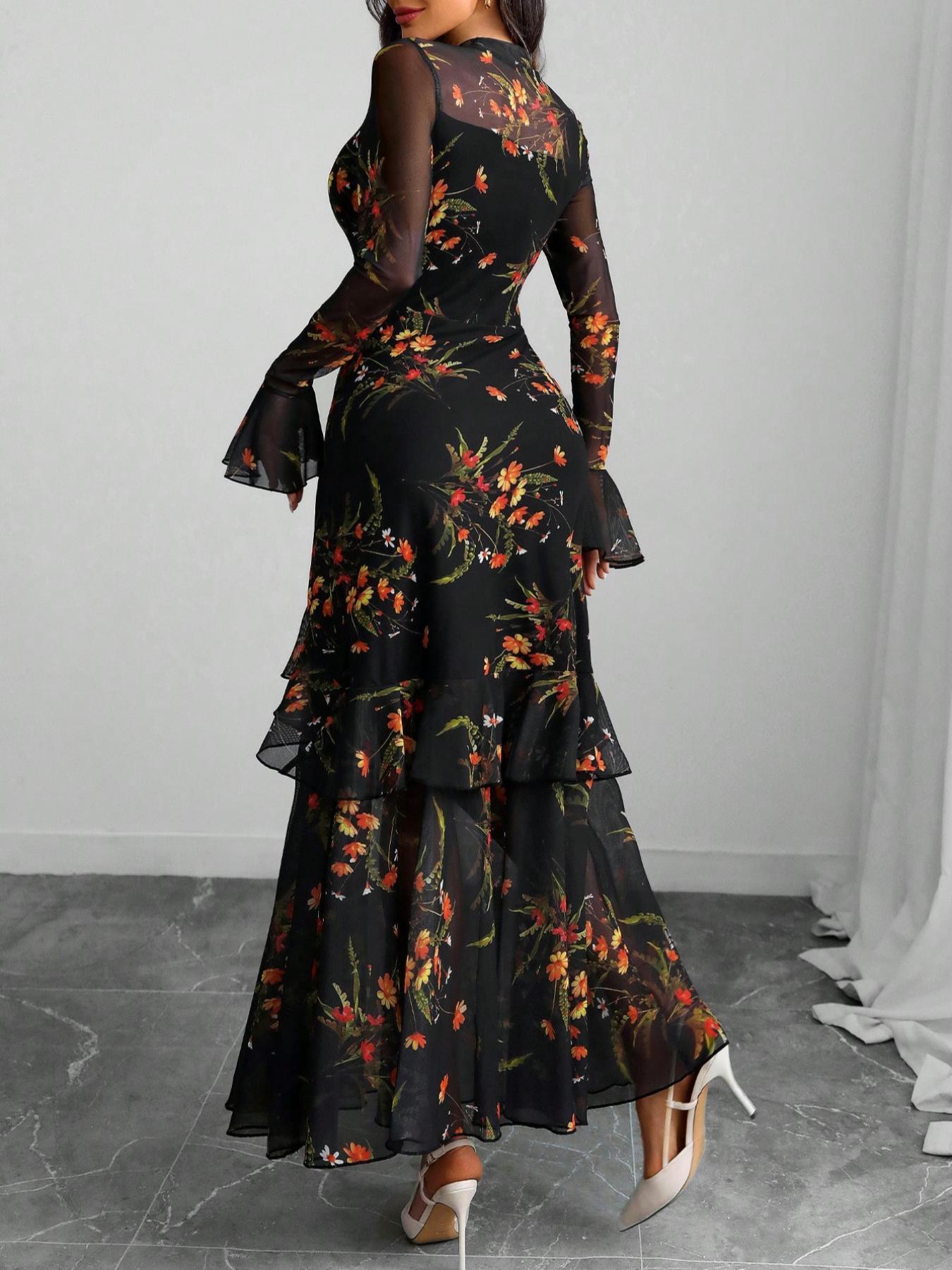 Women's Floral-Print Fitted Dress, Elegant Feminine Vintage Gothic Aesthetic Flared Long Sleeve Dress for Party Holiday Wedding Guest, Ladies' Clothes for All Seasons, Elegance, Garden Formal Dresses for Wedding Guest