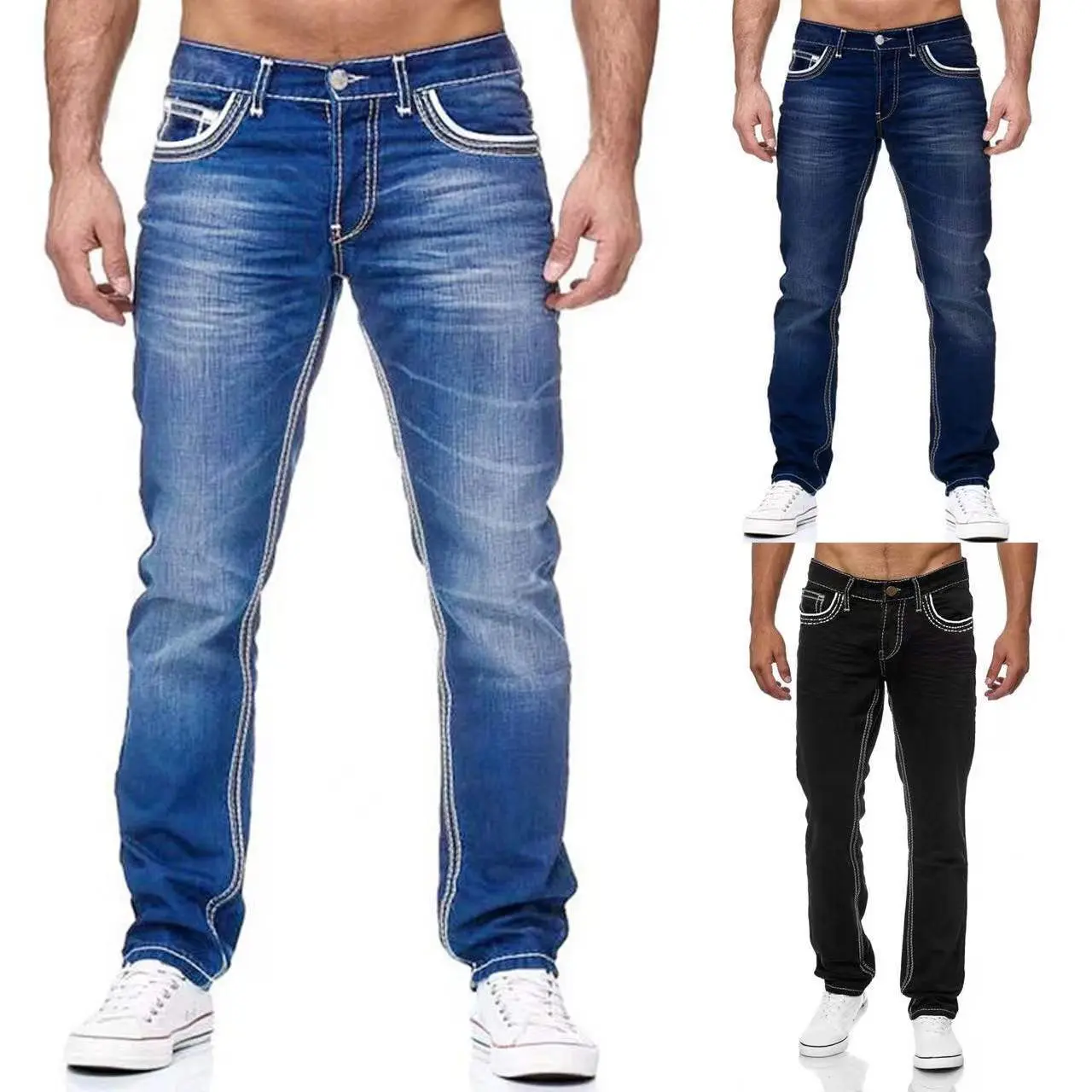 Men's High Cotton Contrast White Stitch Straight Leg Denim Jeans, Western Chevron Pocket Vintage Faded Wash Relaxed Fit Jean Trousers, Classic Cowboy Casual Daily Workwear Denim Pants for Men Multiple Colors Optional