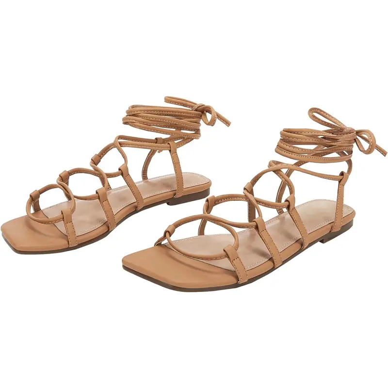 Coutgo Women's Gladiator Sandals - Fashionable Casual Leather Flat Shoes Sandals with Secure Crisscross Lace-Up Ankle Straps, Flexible Square Toe Footwear for Back to School, Shoes for Women