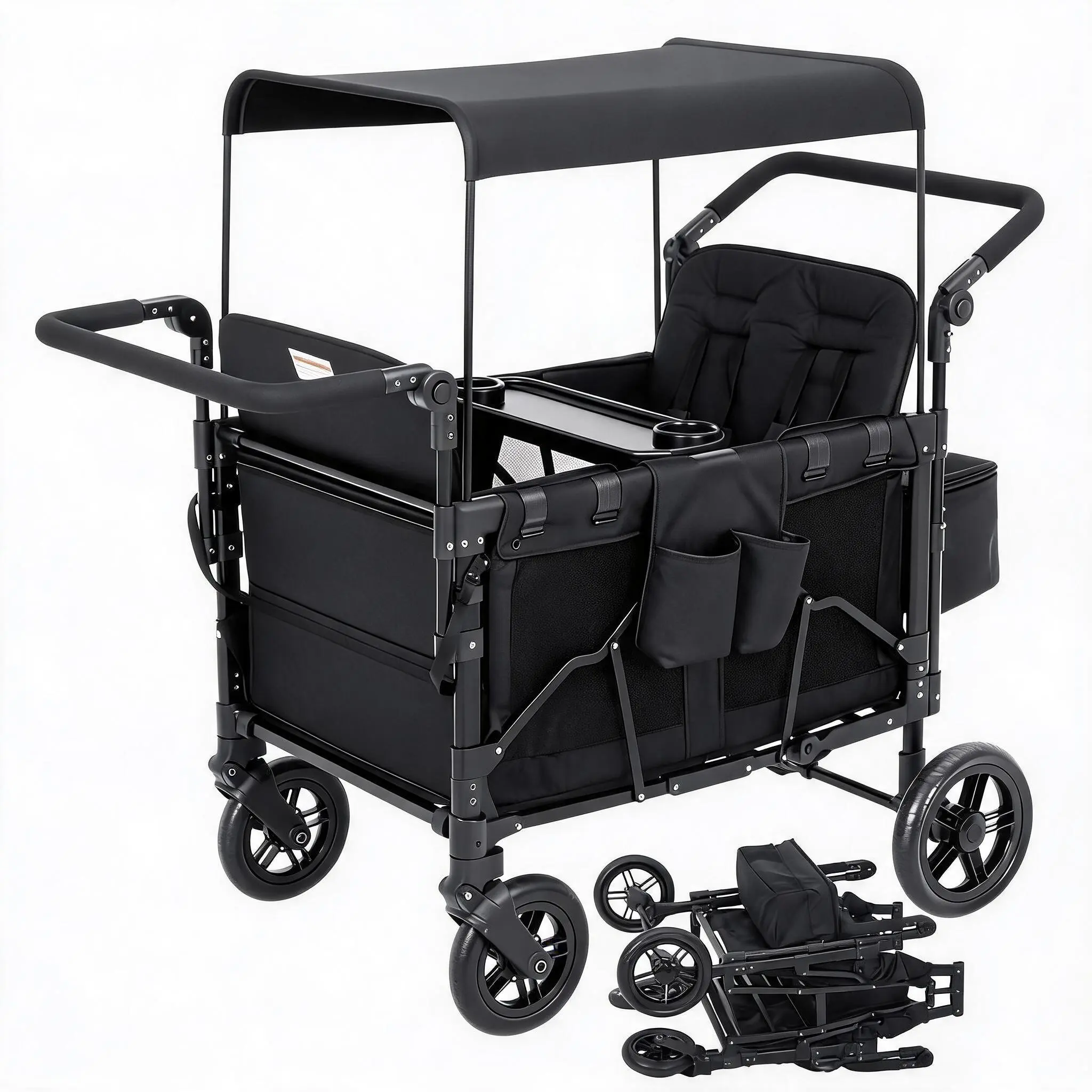 4 Seater Stroller Wagon, All-Terrain, Premium Wagon Stroller for Kids with Safety Harness, Snack Tray, Removable Canopy, Swivel & Fixed Wheels, One-Step Brake, Black