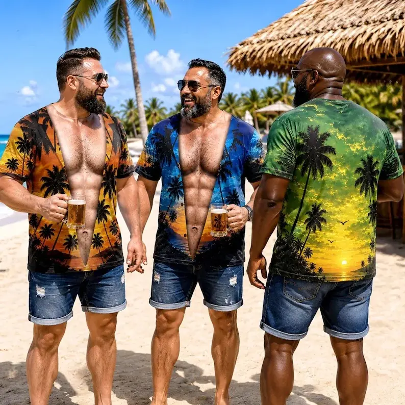 Funny Men Hawaiian Body 3D Select Skin Tone T-Shirt, Fake Abs Tropical Beach Tee, Personalized Bachelor Party Gag Gift For Him, Summer Beach Vacation Gifts