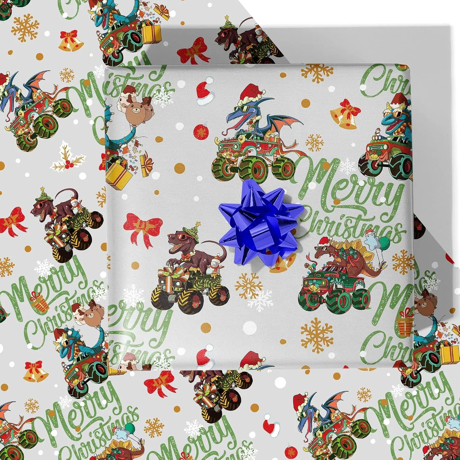 Dinosaur   Christmas Wrapping Paper - Funny  T-Rex Xmas  Wrap Snowflakes Red Bows  Bells Green Merry Christmas Design for Party Holiday - 4  Sheets, 40 x 28 Inches Each