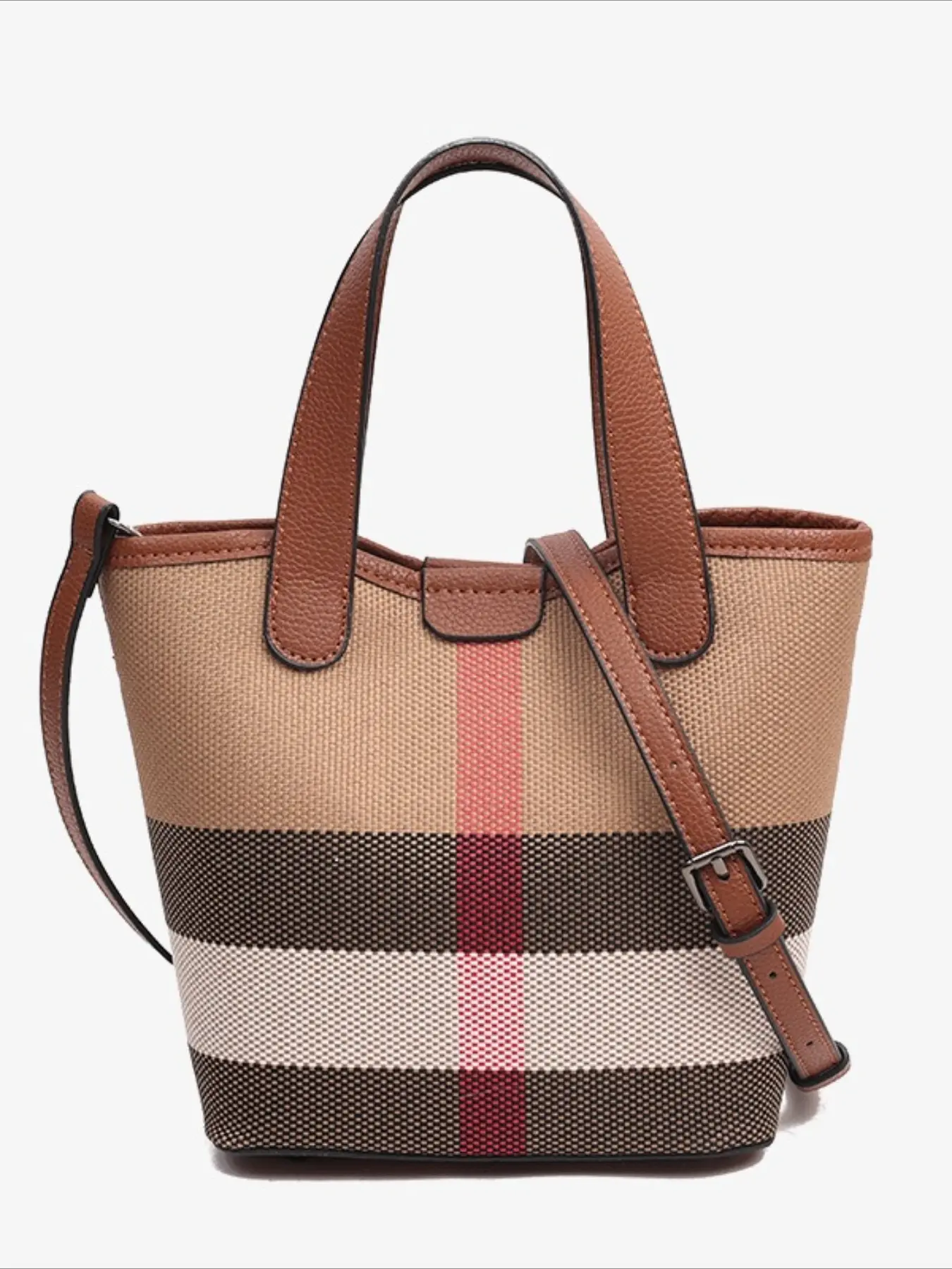 Women's bag leather canvas plaid contrasting color handbag vegetable basket bag 2026 new fashion shoulder crossbody bucket bag