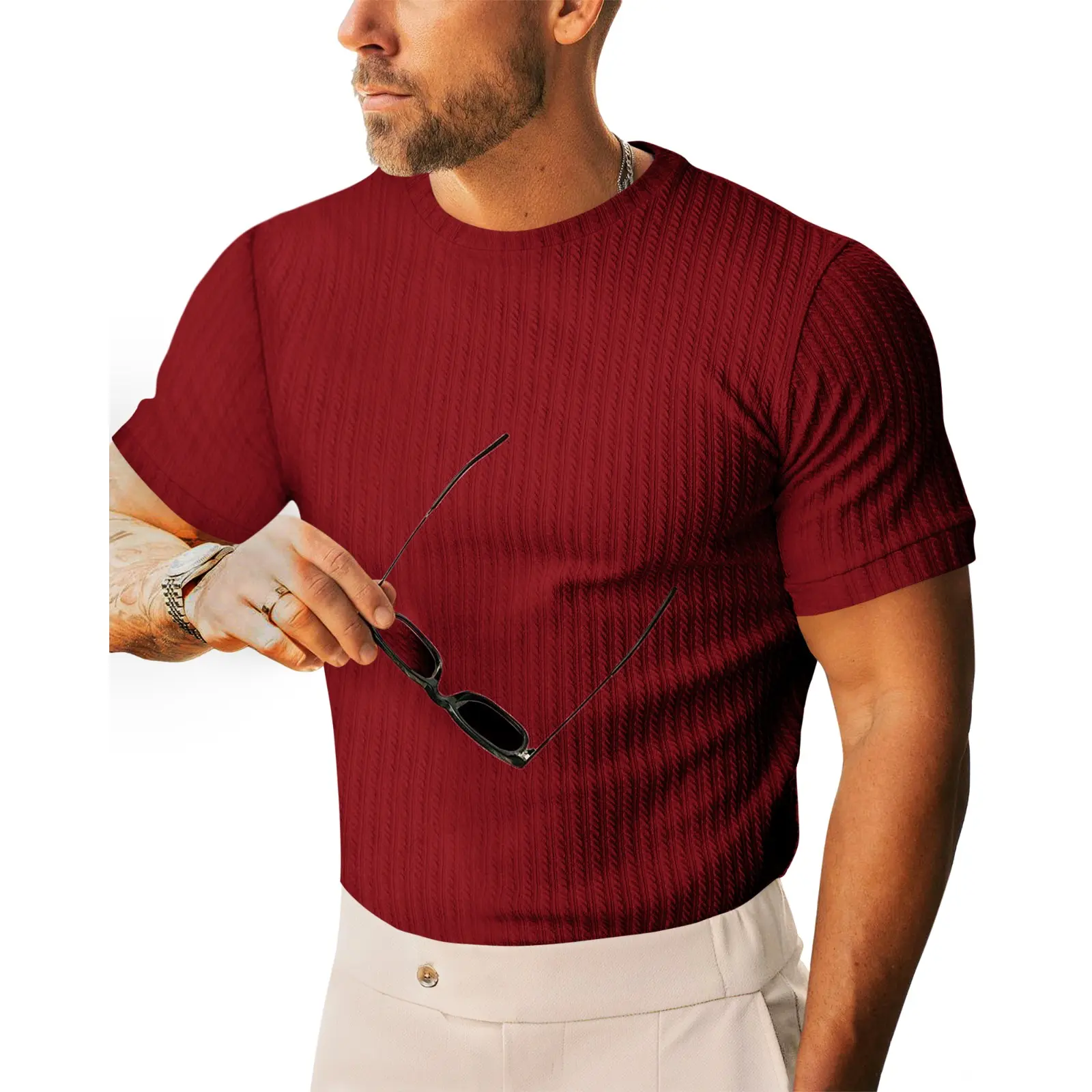 Yousify Men's Ribbed T-Shirt, Slim Fit Short Sleeve Crew Neck Muscle Tee Top, Stretchy Casual Polyester Elastane Fabric, Tshirt, Shortsleeve, Streetwear, Holiday, Machine Wash, Ribbed Knit, Plain Look, Spandex, Round Neck, Menswear, Muscle Shirt, Basic, P