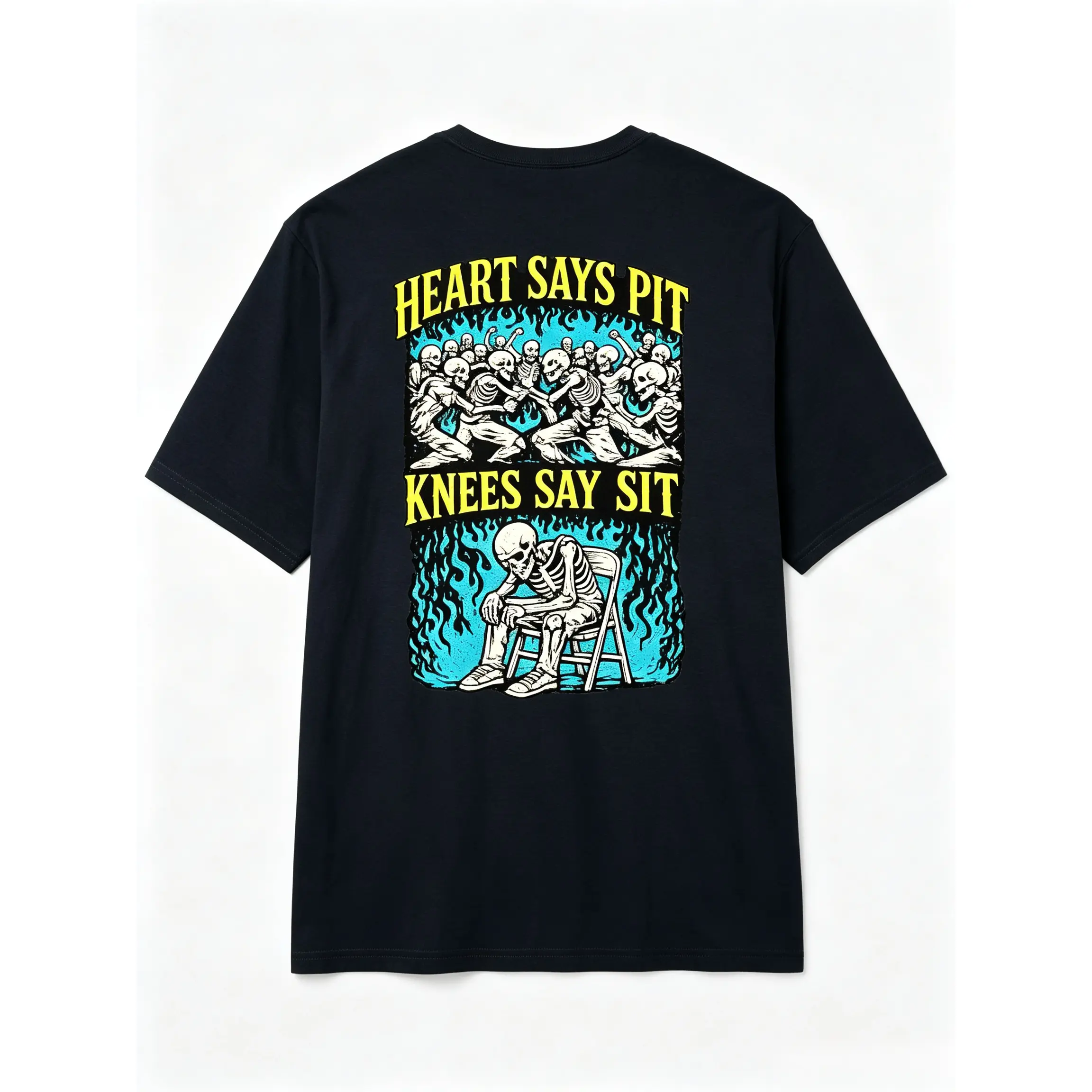 Smooth Oversized Loose Short-Sleeve Graphic T-Shirt, Funny "Heart Says Pit Knees Say Sit" Skeleton (on Back) Sports Top, Shortsleeve, Everyday, Fabric, Love, Natural, Relaxed Fit, Print, Tee, Casual, Classic