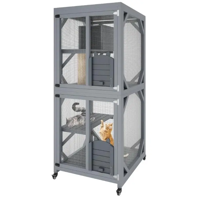 68" Catio Outdoor Cat Enclosure with Window, Waterproof Roof Cattery with Bridge and Scratching Post Outdoor Catio Enclosure,Grey