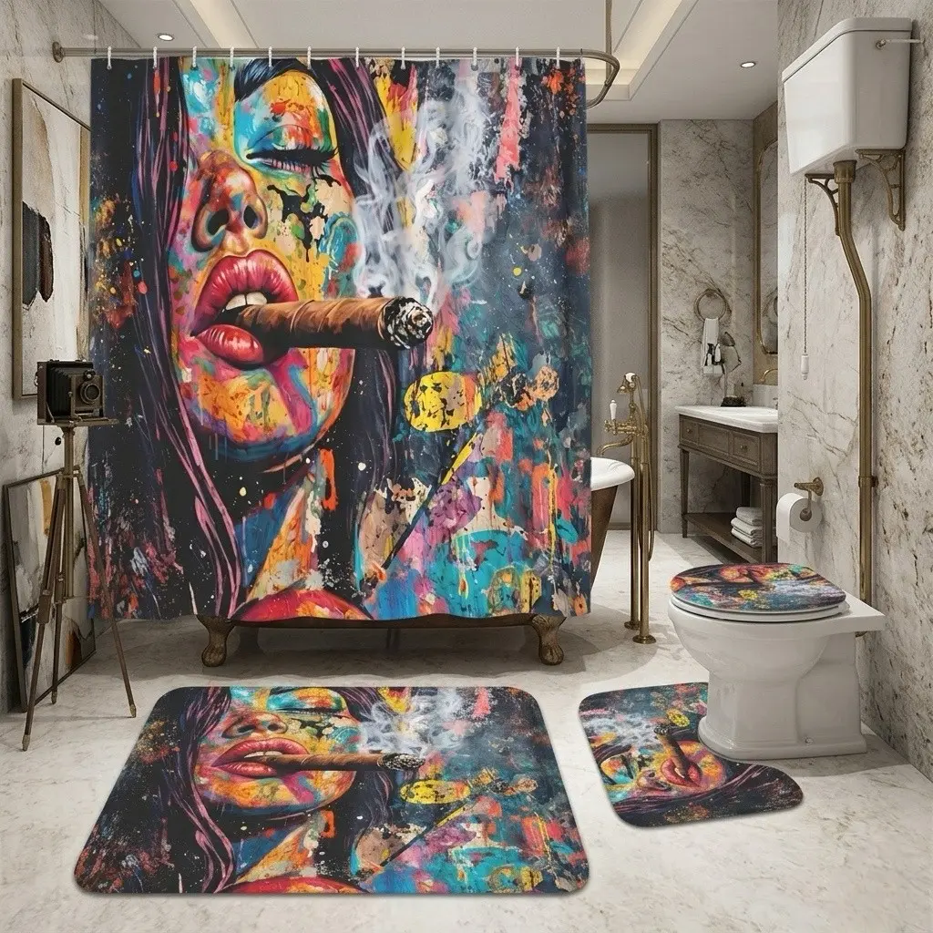 Street Style Graffiti Queen Shower Curtain Set – Soft Textile with Vibrant Abstract Portrait, Bold Lips, Cigar Smoke, and Edgy Brushstrokes, Thick Bath Mat for Dreamy Baths, Ideal for Art Gallery Night or Bold Masquerade Celebrations