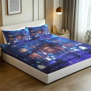 3Pcs Halloween Witch Pumpkin Print Fitted Sheet Set Bed Sheet Set Bedding Set No Fillers for Anime Youth Bedroom Apartment Decor