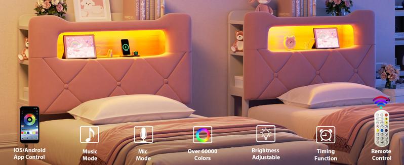 Twin Upholstered LED Bed Frame with 2 Storage Drawers and 2-Tier Storage Bookcase Headboard, Velvet Princess Platform Bed for Kids/Girls/Boys, Heavy Duty Metal Support, No Box Spring Needed, Pink