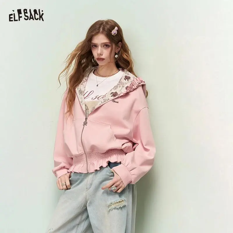 ELFSACK Cute Textured Knit Jacket with Lace Hood & Ruffle Hem, Cropped Sweater Coat, Preppy Short Outerwear for Women