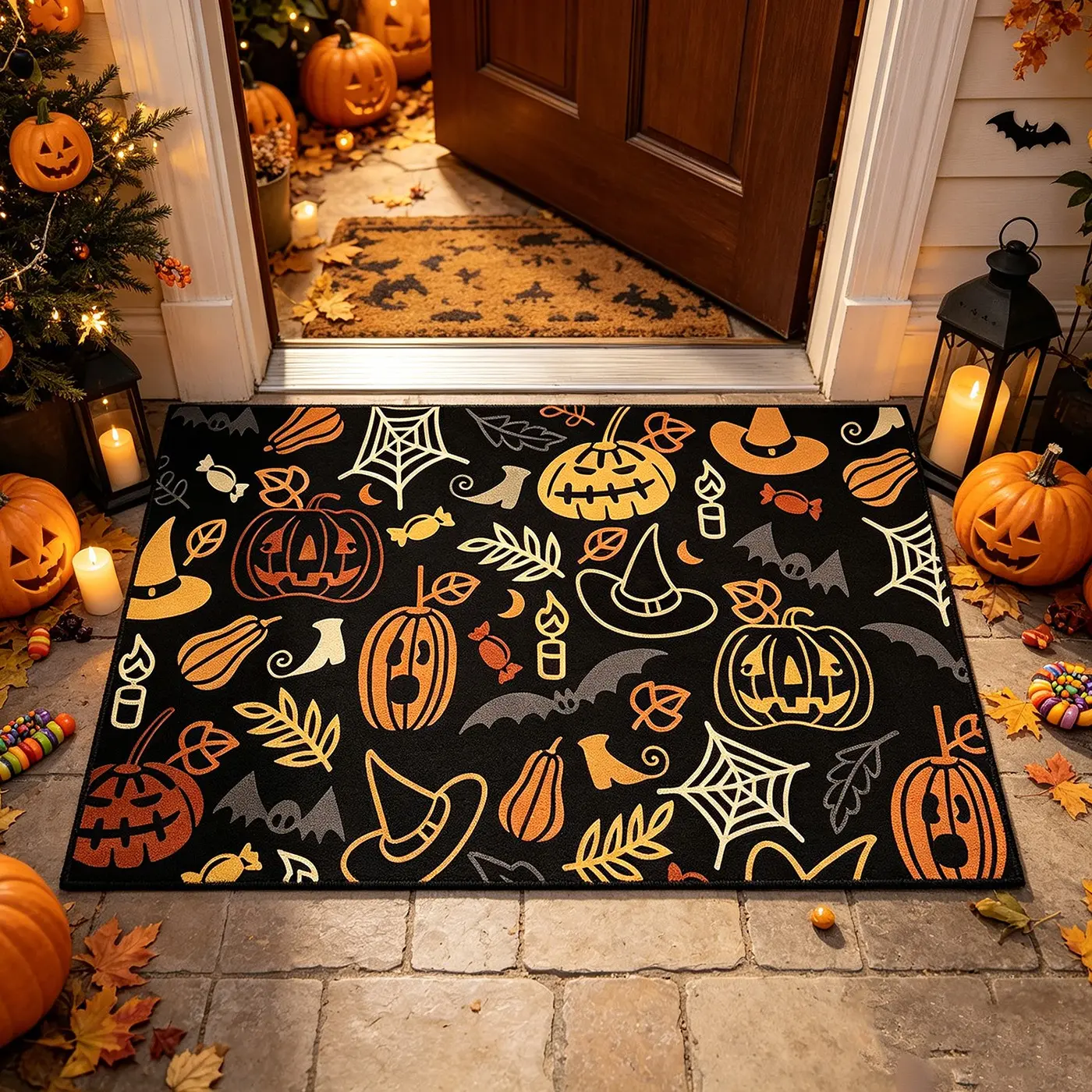 Halloween Retro Pumpkin Spider Web Rug, Durable Entry Mat, Perfect Holiday Gift, Textile Material, Cut Pile Design