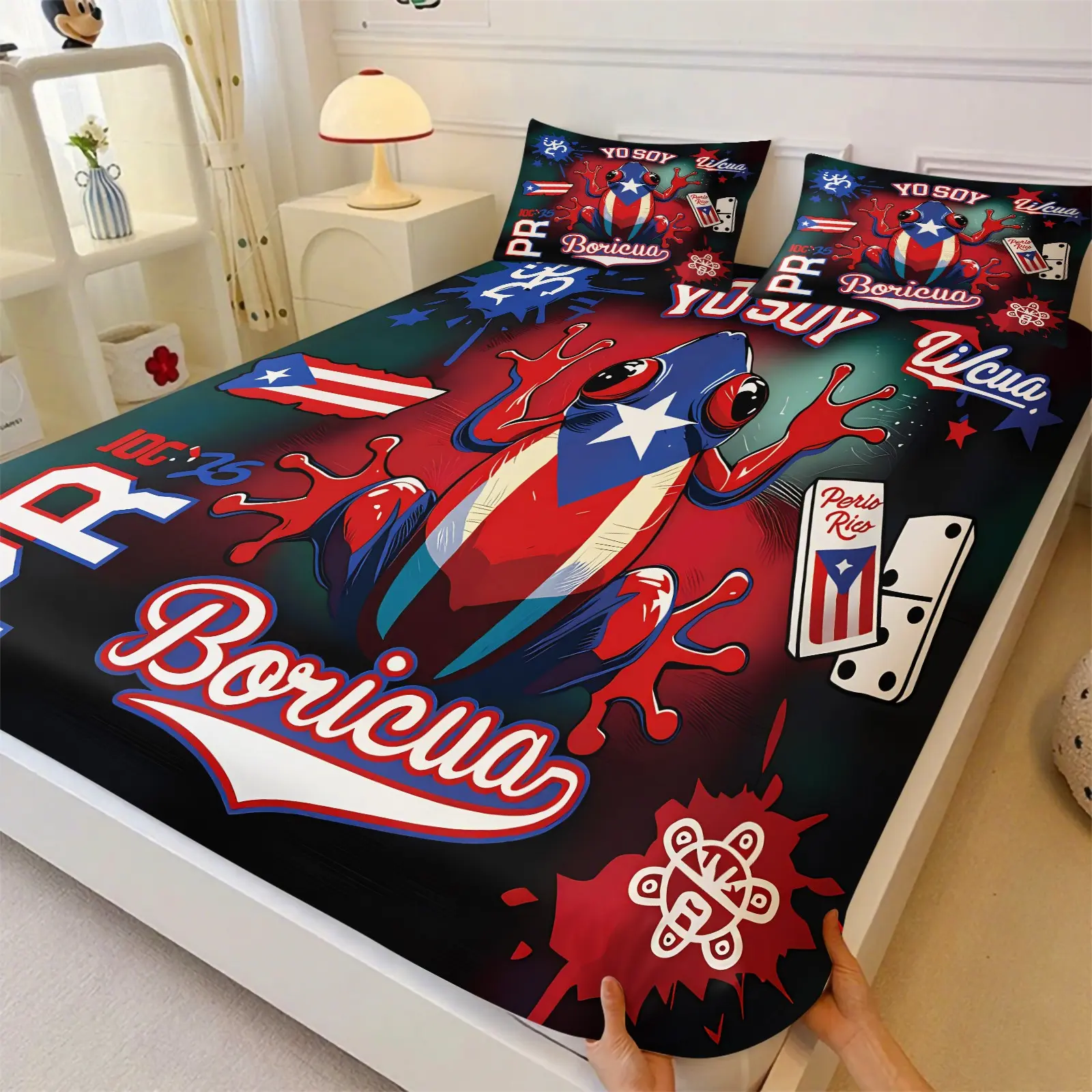 3Pcs Puerto Rico Taino Fitted Sheet Set, Boricua Coqui Red White Blue Flag Print Bed Sheets Set, Soft Microfiber Deep Pocket Bedding with 2 Pillowcases, For Teen Bedroom & Latinx Decor, Great Gift for Puerto Rican Pride