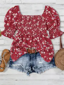 Summer Bohemian Floral Women Blouse, Elastic Smocked Bust Square Neck Puff Sleeve Casual Tops, Loose Fit Suitable for Vacation, Beach & Daily Wear