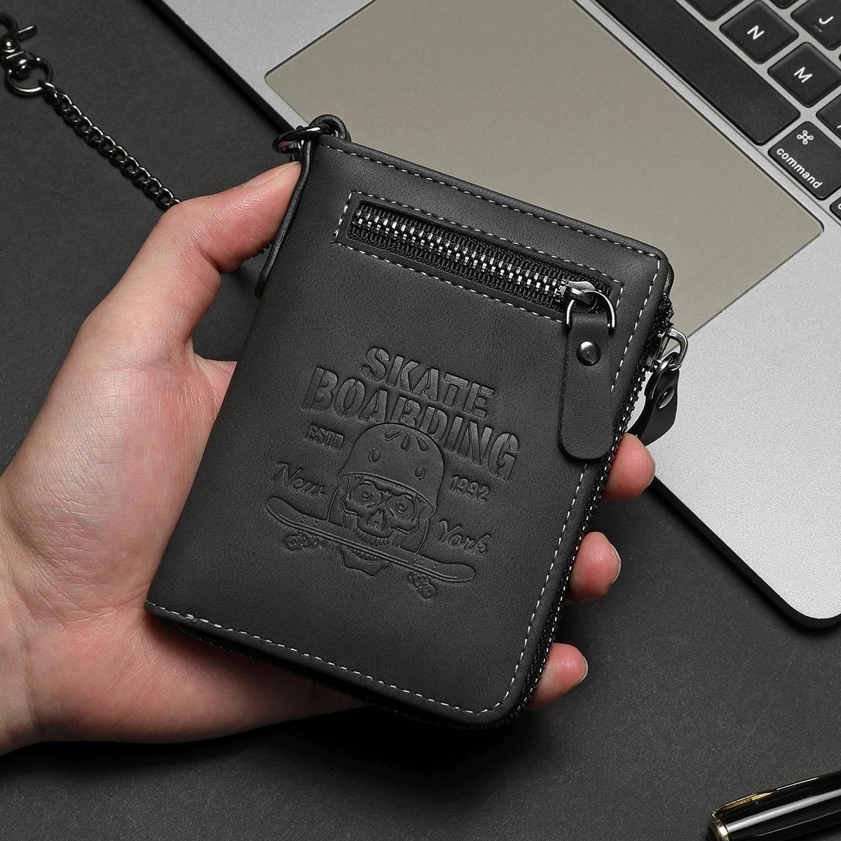 Skull Embossed Short Zip Wallet for Men Bifold PU Leather Card Holder with Multiple Slots Rock Style Money Clip for Credit Cards & Cash Everyday Essential