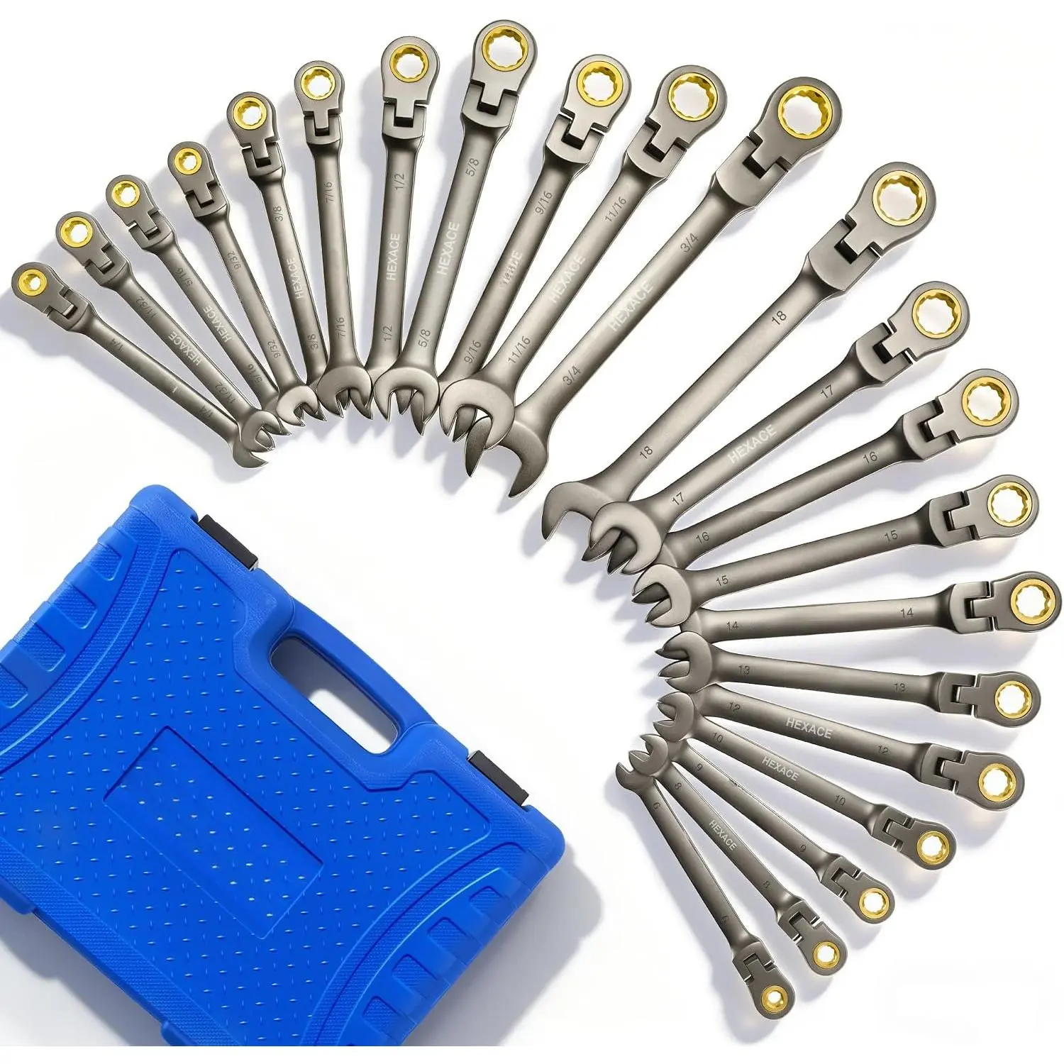 22- Flex  Ratcheting Wrench Set, with 180° Flex , Metric 6-18 mm & SAE 1/4-3/4", Combination Wrench Sets with Organizer Box