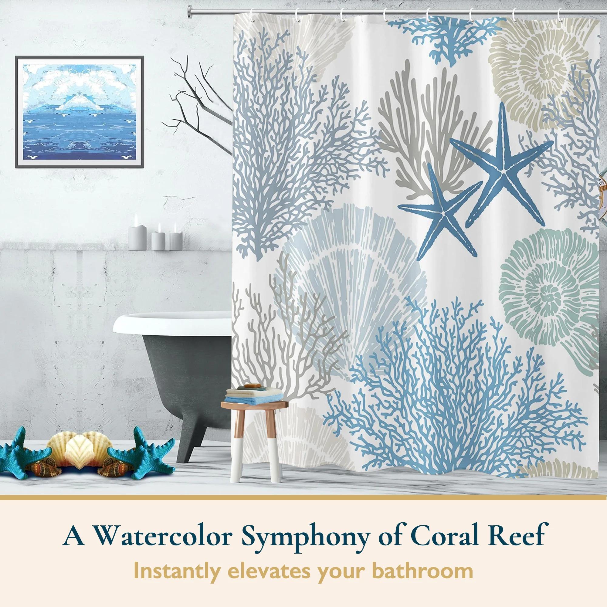 Blue Coastal Shower Curtain with Hooks, 72 x 72 Inch Heavy-Duty Water-Repellent Fabric Bathroom Curtain, Mold and Mildew Resistant, Weighted Hem, Machine Washable