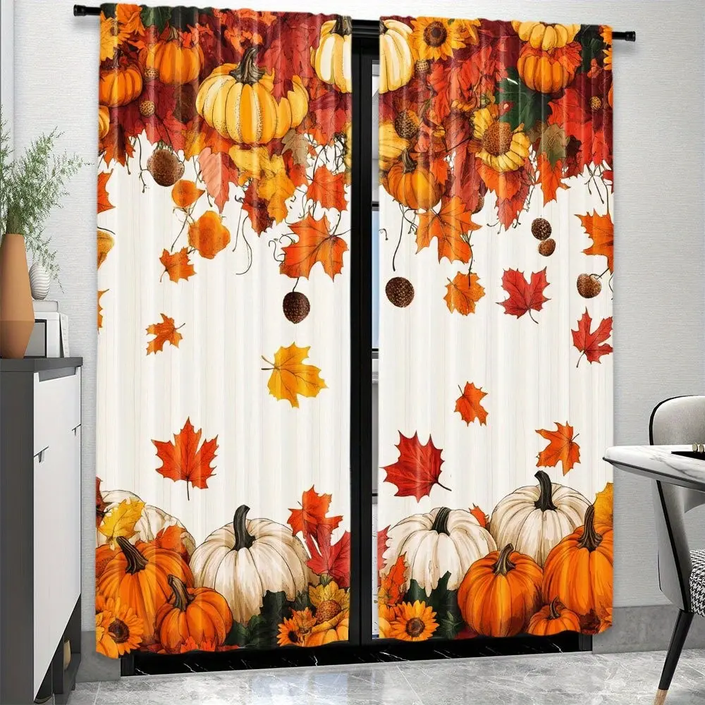 2-Piece Pumpkin Sunflower Leaf Curtain Set, Modern Art Style, Semi-Transparent Privacy & Blackout, Living Room, Bedroom, Kids Room, Sunroom Decor