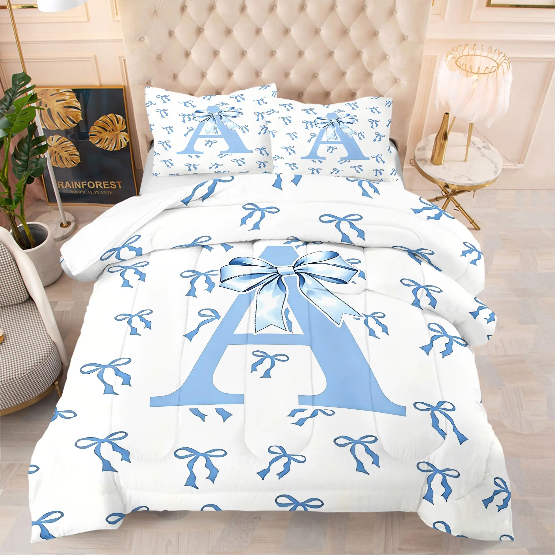2/3Pcs Blue Bow Initial Letter A-Z Comforter Set with Pillowcases, Cute Monogrammed Bowknot Princess Quilt Set, Modern Simple Blue White Bow Knot Matching Bedding Set for Kids Girls Teens Bedroom Dorm Room Decor