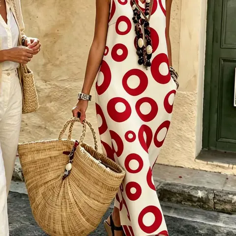 Women's Summer Casual Loose Maxi Dress, Circle Print Sleeveless Deep V-Neck, Beach Vacation Dress, Casual Dresses