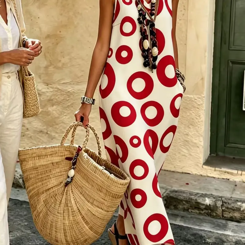 Women's Summer Casual Loose Maxi Dress, Circle Print Sleeveless Deep V-Neck, Beach Vacation Dress, Casual Dresses