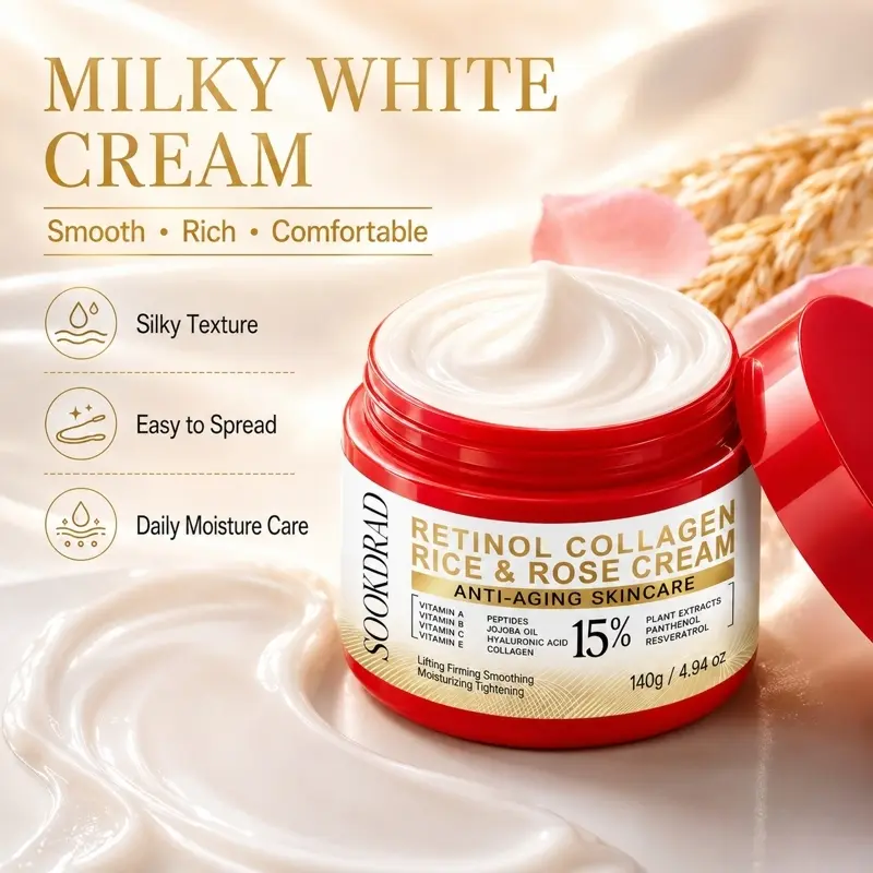 Retinol Collagen Rice Rose Cream, 15% rich in vitamin A, B, C, E, peptides, collagen, hyaluronic acid, plant extracts, panthenol, resveratrol, anti-aging, lifting, firming, smoothing, moisturizing,