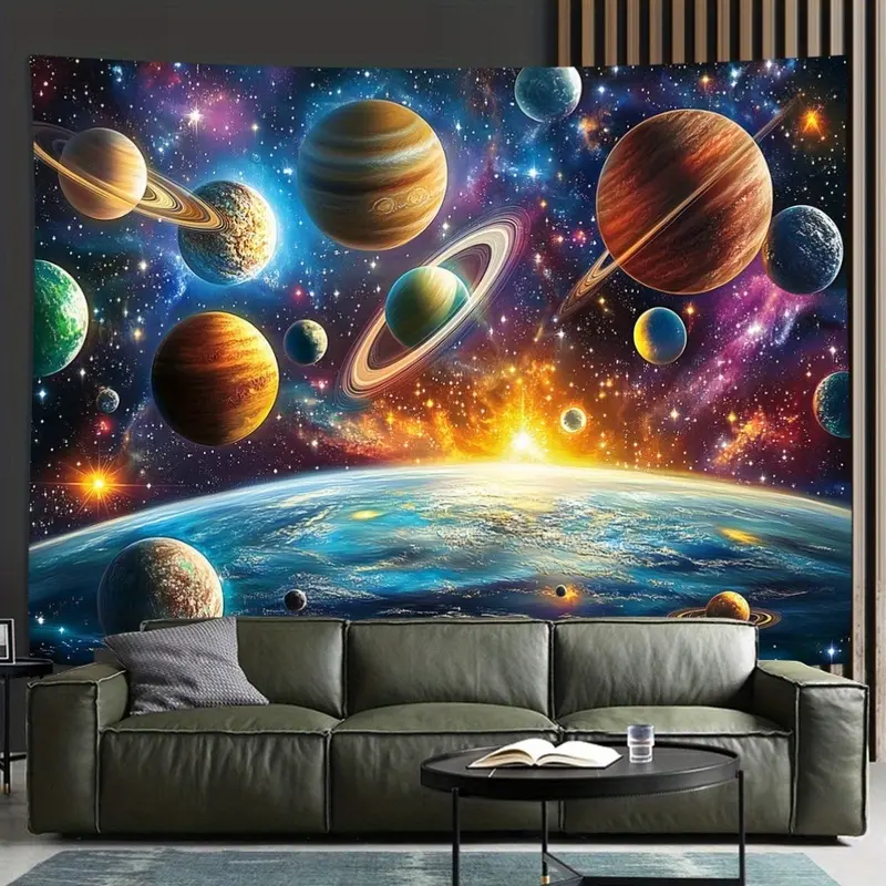 2D Flat Printed Polyester Outer Space Galaxy Planet Tapestry - Blacklight Reactive Wall Decor Bedroom, Trippy Nebula Stars Backdrop, Trippy Room Decor for Home Bedroom Dorm, Indoor/Outdoor Party Wall Hanging with Included Hooks