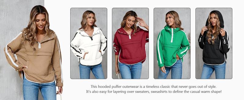 Imily Bela Womens Puffer Pullover Jacket Winter Quilted Hoodies Contrast Trim Hooded Puffy Coat Outerwear with Pockets