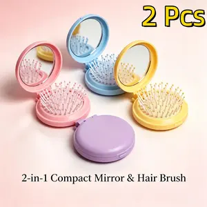 2-Pack Mini Folding Comb with Mirror, Soft Cushion Brush for Scalp Relief, Practical Outdoor Travel Essentials, Comfortable Hair Care Tool, Soft Bristle