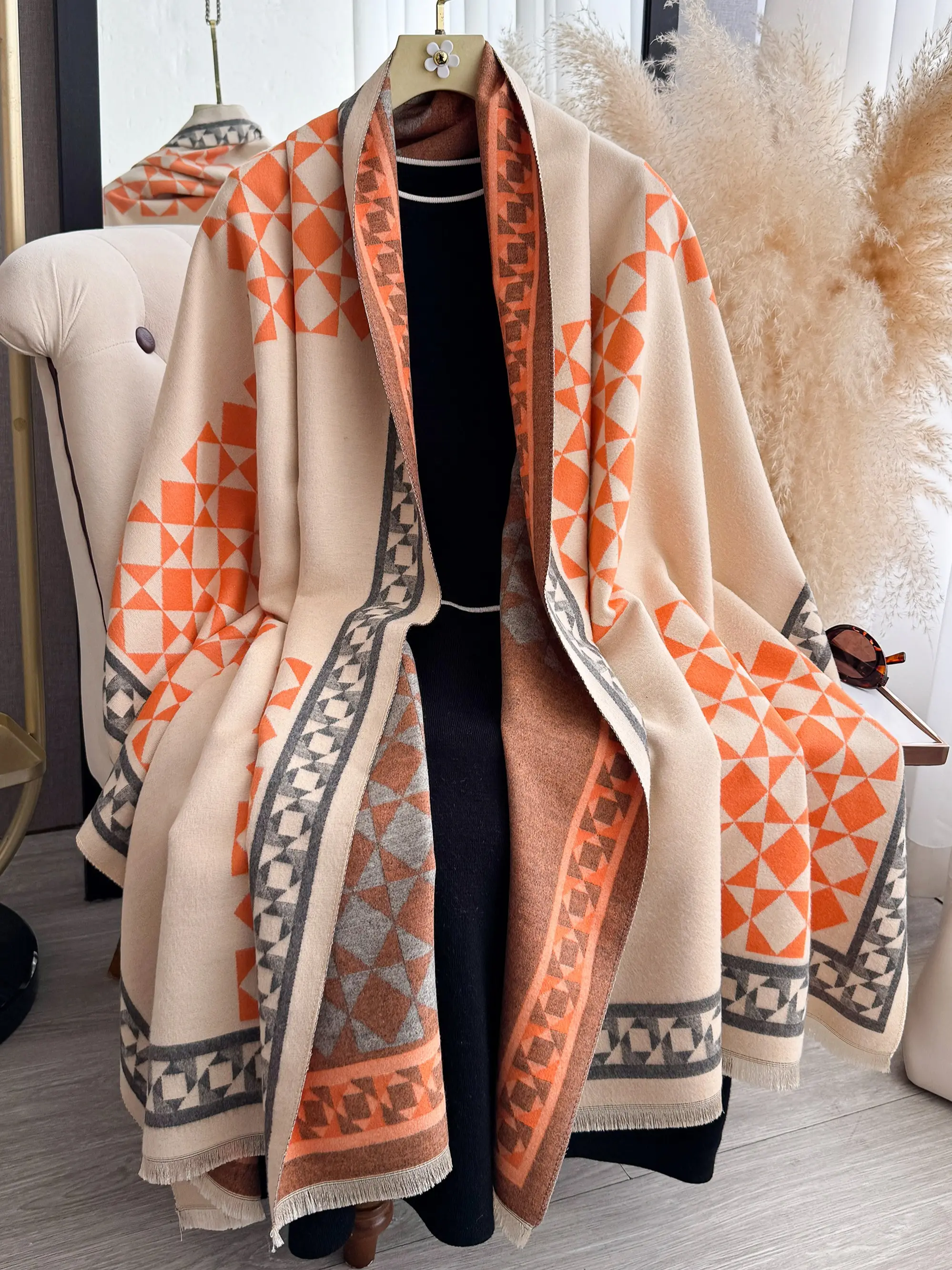 Elegant All-Over Print Fringe Scarf, Fashionable Multi-Functional Shawl Cover Ups for Women, Fall & Winter Warmth, Casual Style