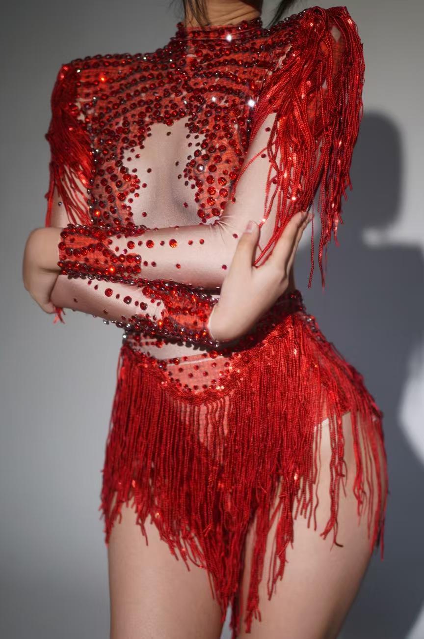 Gold Silver Sequins Tassel Elastic Bodysuit Sex)Pole Latin Dance Stage Wear Nightclub  DJSinger Dancer Performance Costume  Q025