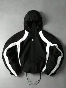 2026 New Arrival Men Y2K Hip Hop Techwear Hooded Windbreaker Jacket Black White Curved Contrast Stripe Panel Drawstring Hem & Hood Elastic Cuff Lightweight Water Resistant Short Loose Coat Daily Skate City Camping Spring Fall Casual Street Outfit