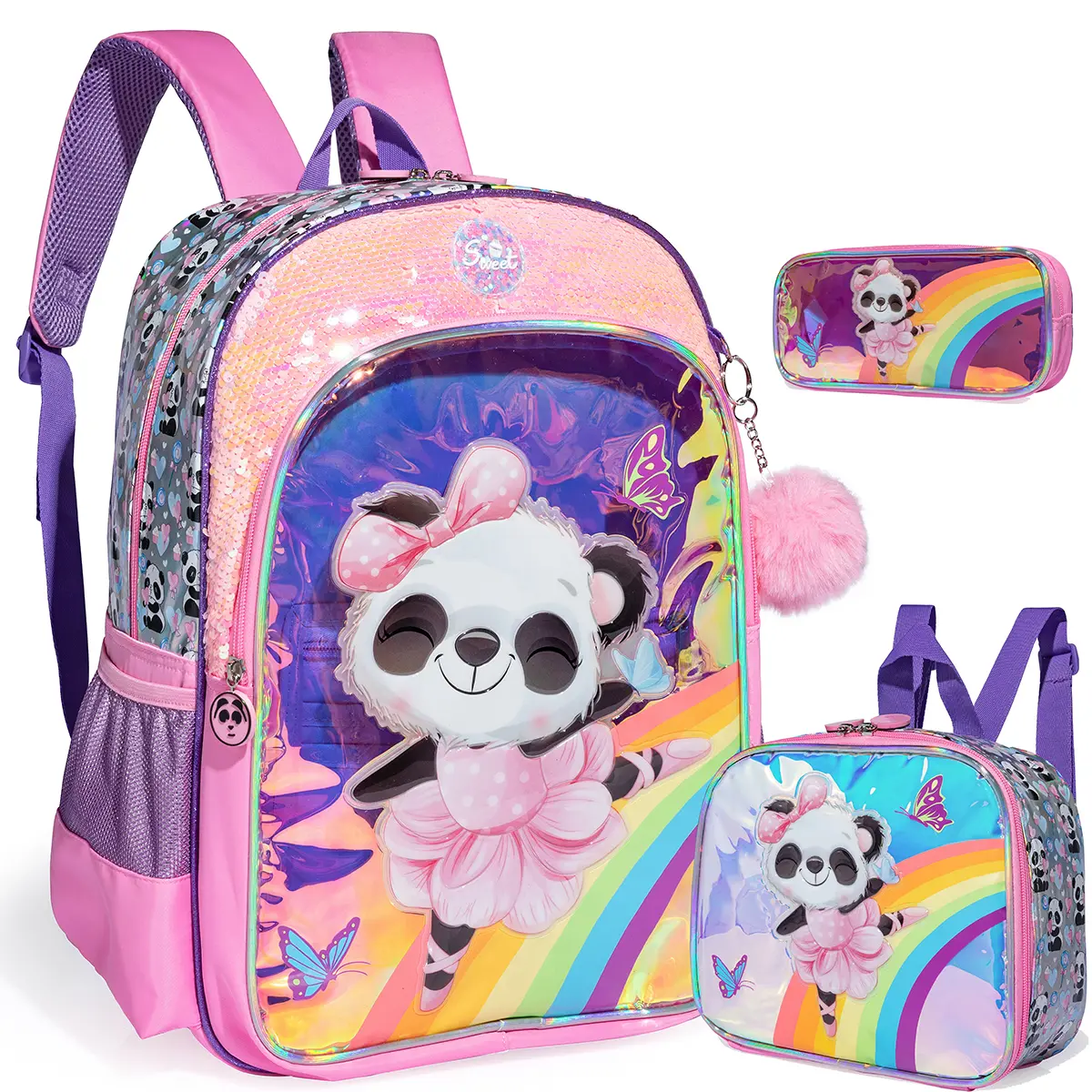 Girls' 3-Piece Preppy Backpack Set - Polyester Cute Full Print Panda Cute Daypacks, Insulated Lunch Box, Pencil Case, Childrens Bag for Back to School