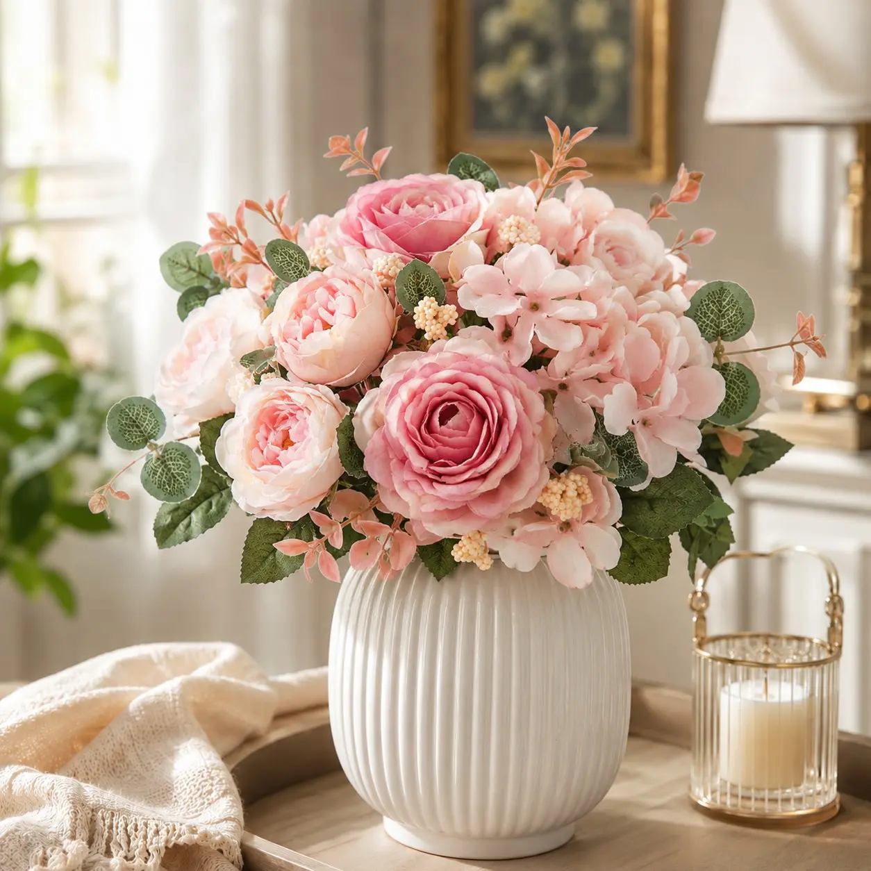 3 Stems Artificial Peony Flowers Pink Faux Rose Hydrangea Bouquet for Vase Home Table Centerpiece Wedding Bridal Shower Party Gift DIY Floral Arrangement Birthday Indoor Decoration Farmhouse Kitchen Office Shelf Mantel Romantic Indoor Decor