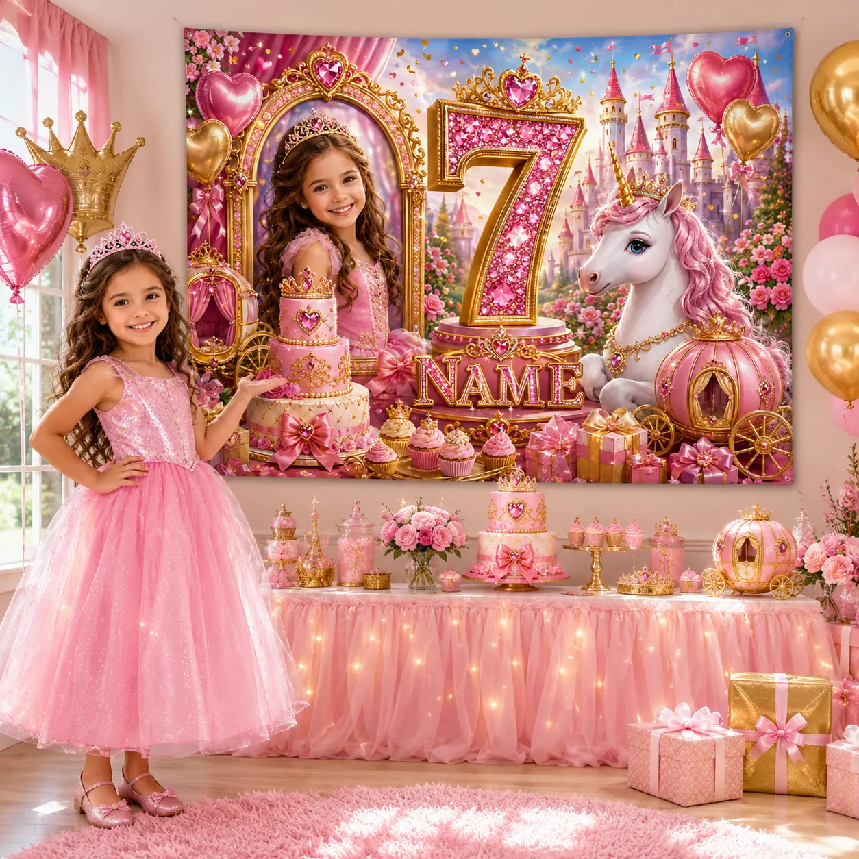 Personalized Princess 7th Birthday Backdrop with Photo and Name, Pink Castle, Unicorn, Crown and Cake Party Decor