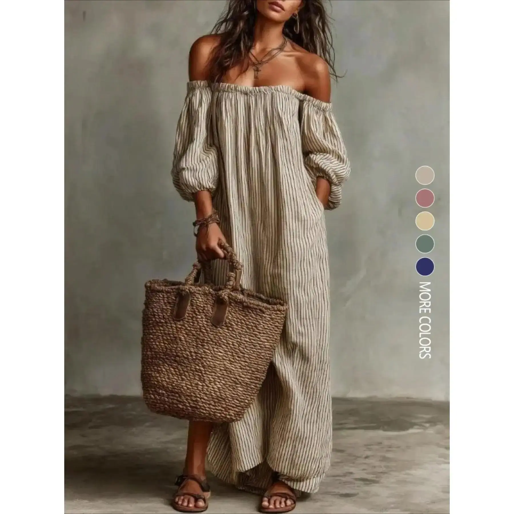 Summer New Elegant Chic Casual Wear Loose Off-Shoulder Striped Dress
