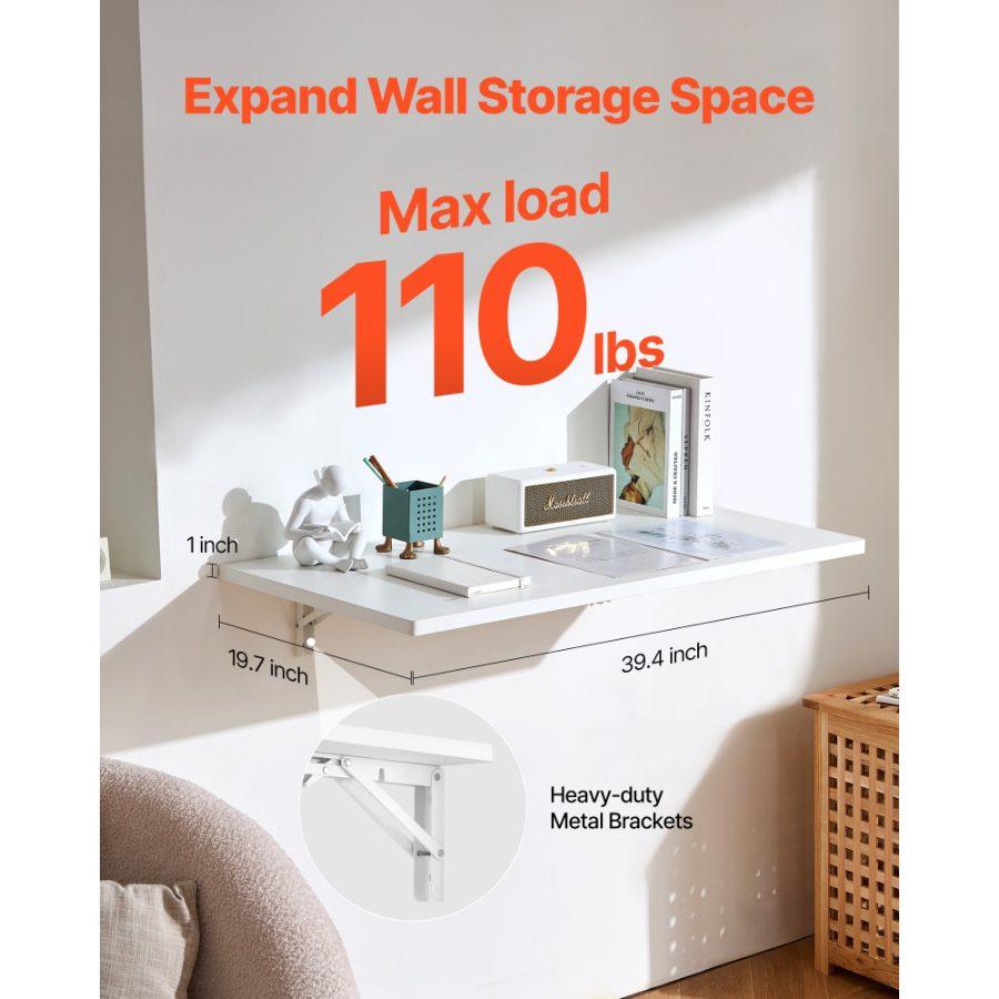 VEVOR Wall Mounted Folding Table, 39.4x 19.7 inches Wall Mount Table, Floating Desk with Iron Bracket, Fold Down Desk for Small Spaces, Home Office, Dining, Laundry Room, Kitchen, Bar, White
