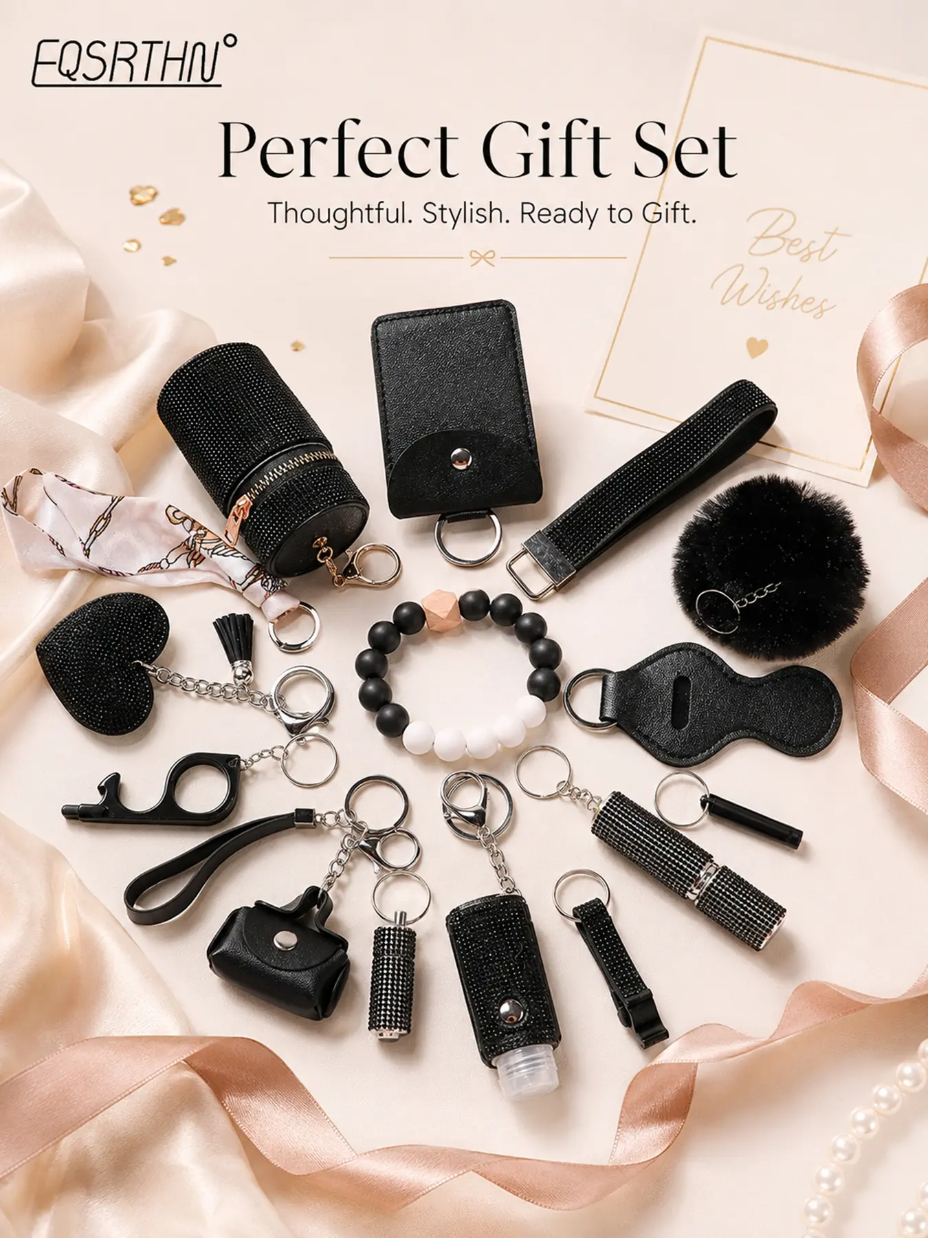 14pcs Fashion Rhinestone Elegant Black Security Keychain Set with Wristband, Storage Bag and Card Bag Decorative Accessories suit, Card Holder Perfumes Bottle (Empty Bottle) Keychain Accessories Mouth Red Envelope