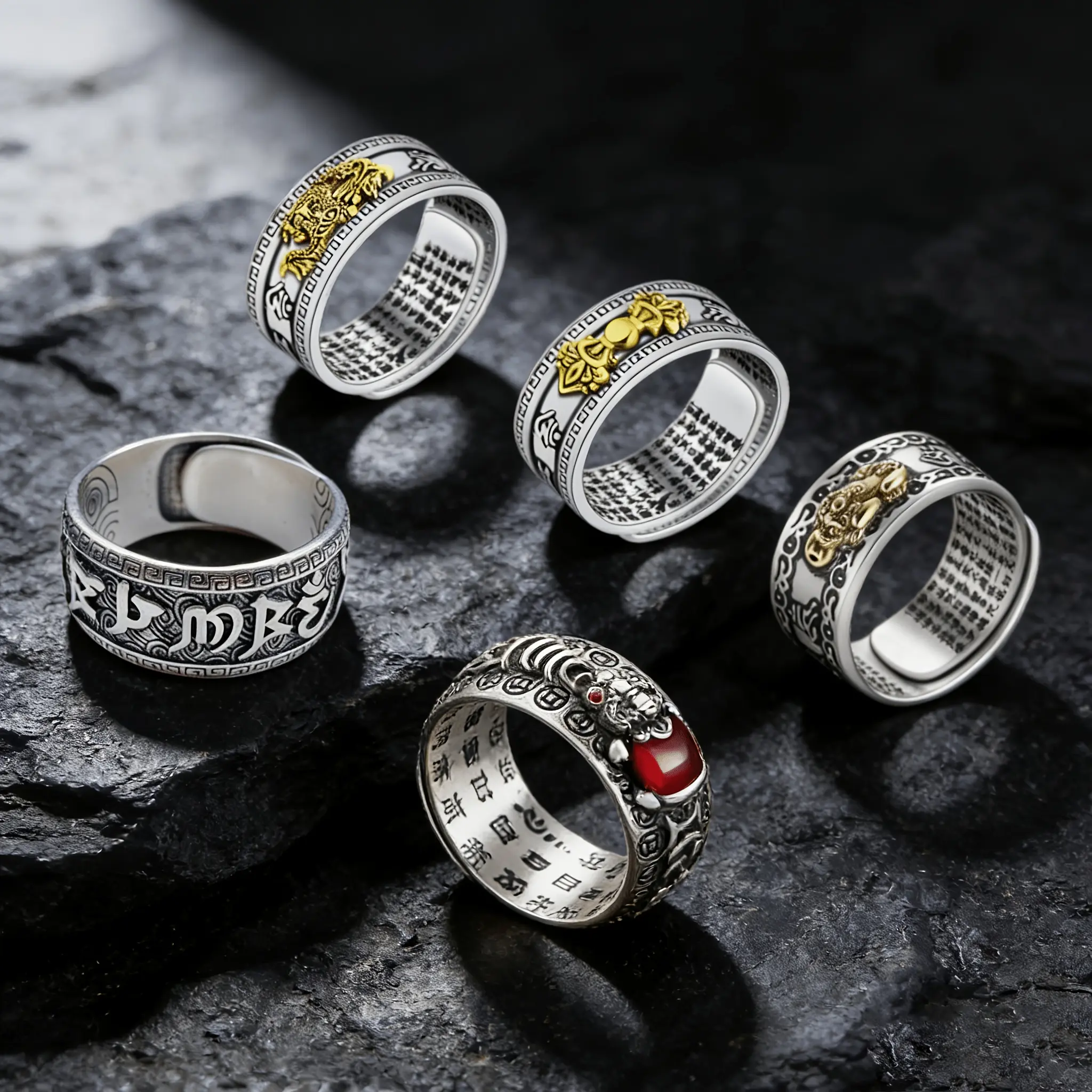 5-Piece Vintage Stainless Steel Rings for Jewelry Enthusiasts, Adjustable Feng Shui Amulet Rings with Engraved Heart Sutra Mantra, Inner Band Letter Patterns, Pixiu Statement Casual Birthday Gift Jewelry, Stainless Steel Jewelry, Heart Sutra-Inspired Engr