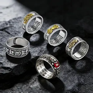 5Pcs Vintage Pixiu Feng Shui Ring Set Unisex, Adjustable Stainless Steel Lucky Wealth Amulet Rings Engraved Heart Sutra Tibetan Mantra Money Attracting Protection Jewelry Gift for Men Women