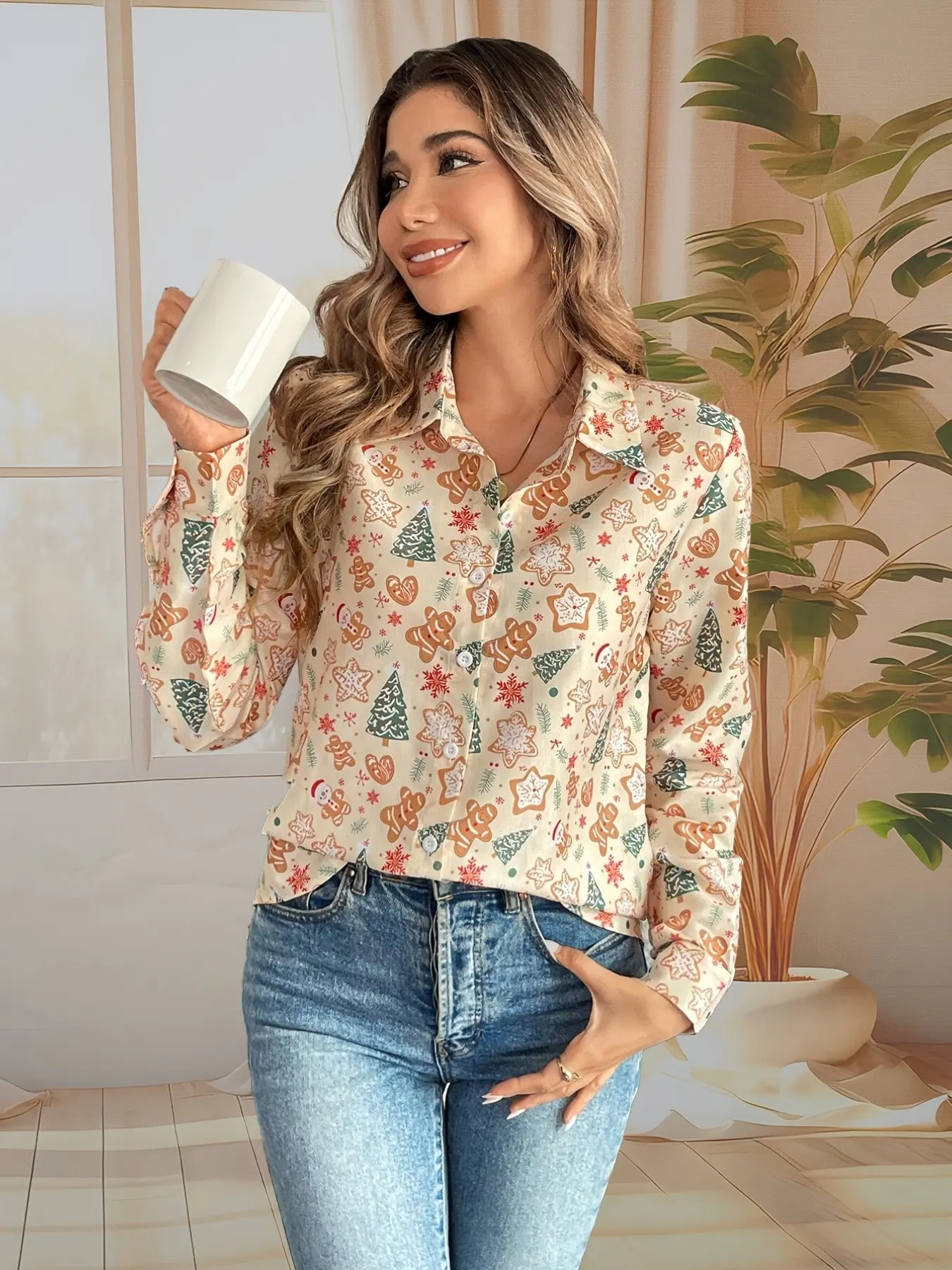 2026 New Women's Christmas Limited Edition Gingerbread Man Pine Tree Snowflake All over Print Button Blouse, Casual Loose-Fitting Sleeveless Shirt