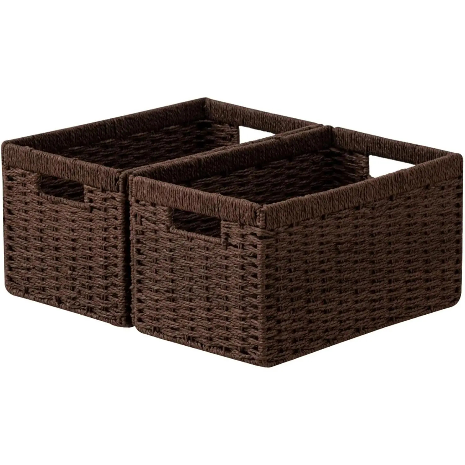 Dark Brown Hand-Woven Wicker Storage Baskets for Shelves, 13.4L x 8.3W x 7.1H inch Foldable Rectangular Bins with Handles, Pantry Kitchen Organizing, 2-PackGift